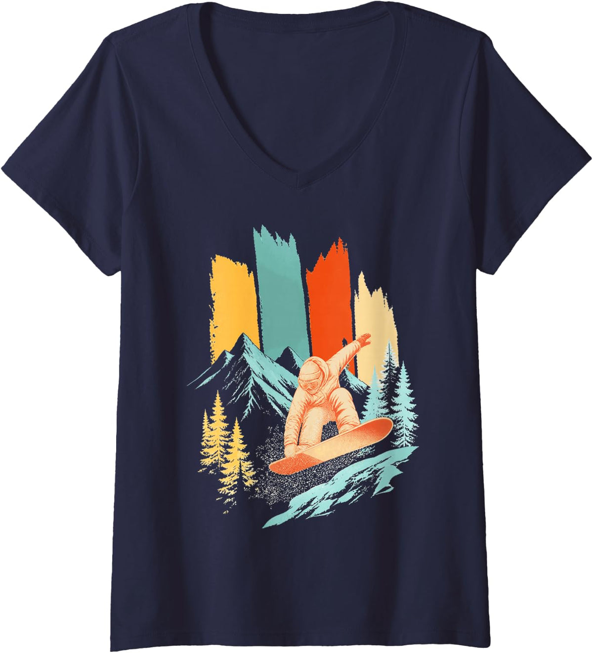 Women's Vintage Snowboarder Rider Snowboarding Boarder V-Neck T-Shirt - Navy Blue