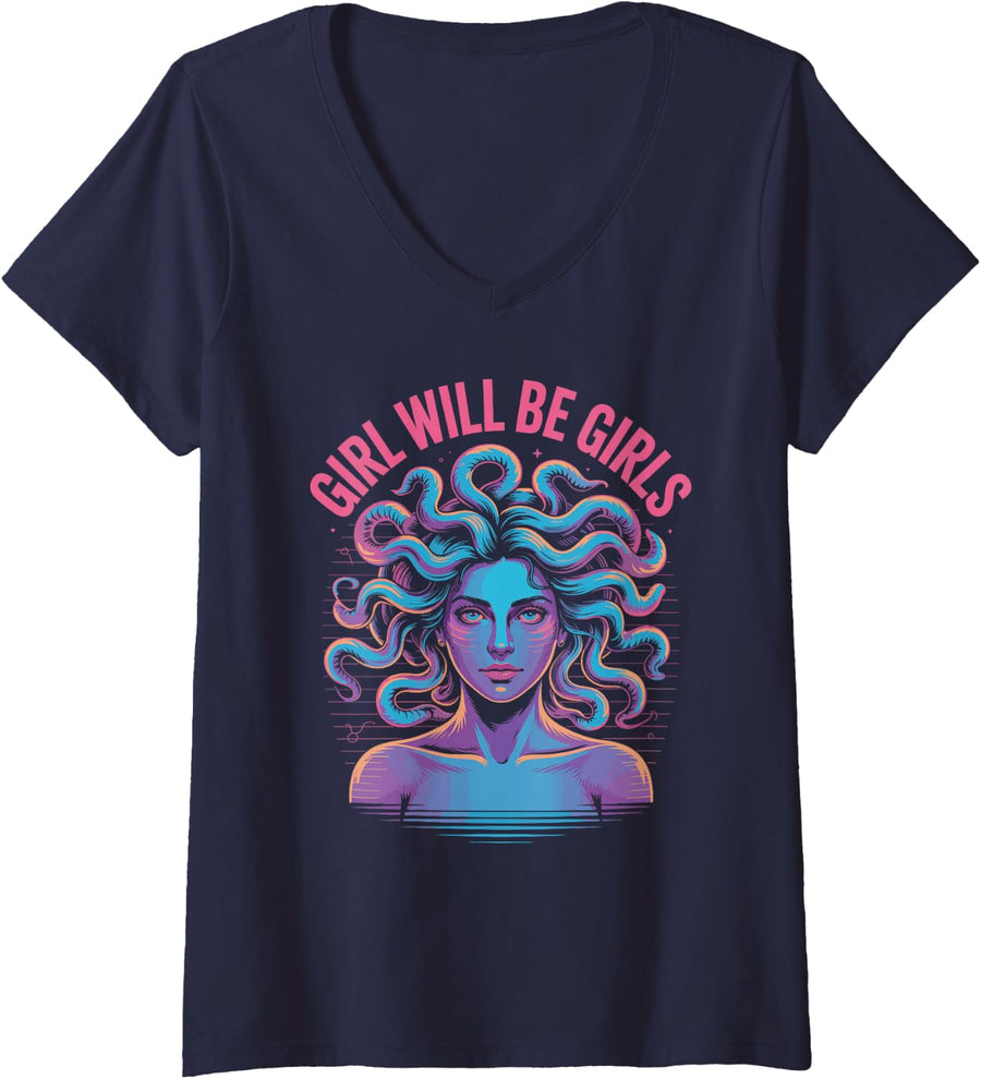 Women's Cyberpunk Medusa Empowerment Graphic V-Neck T-Shirt - Navy Blue
