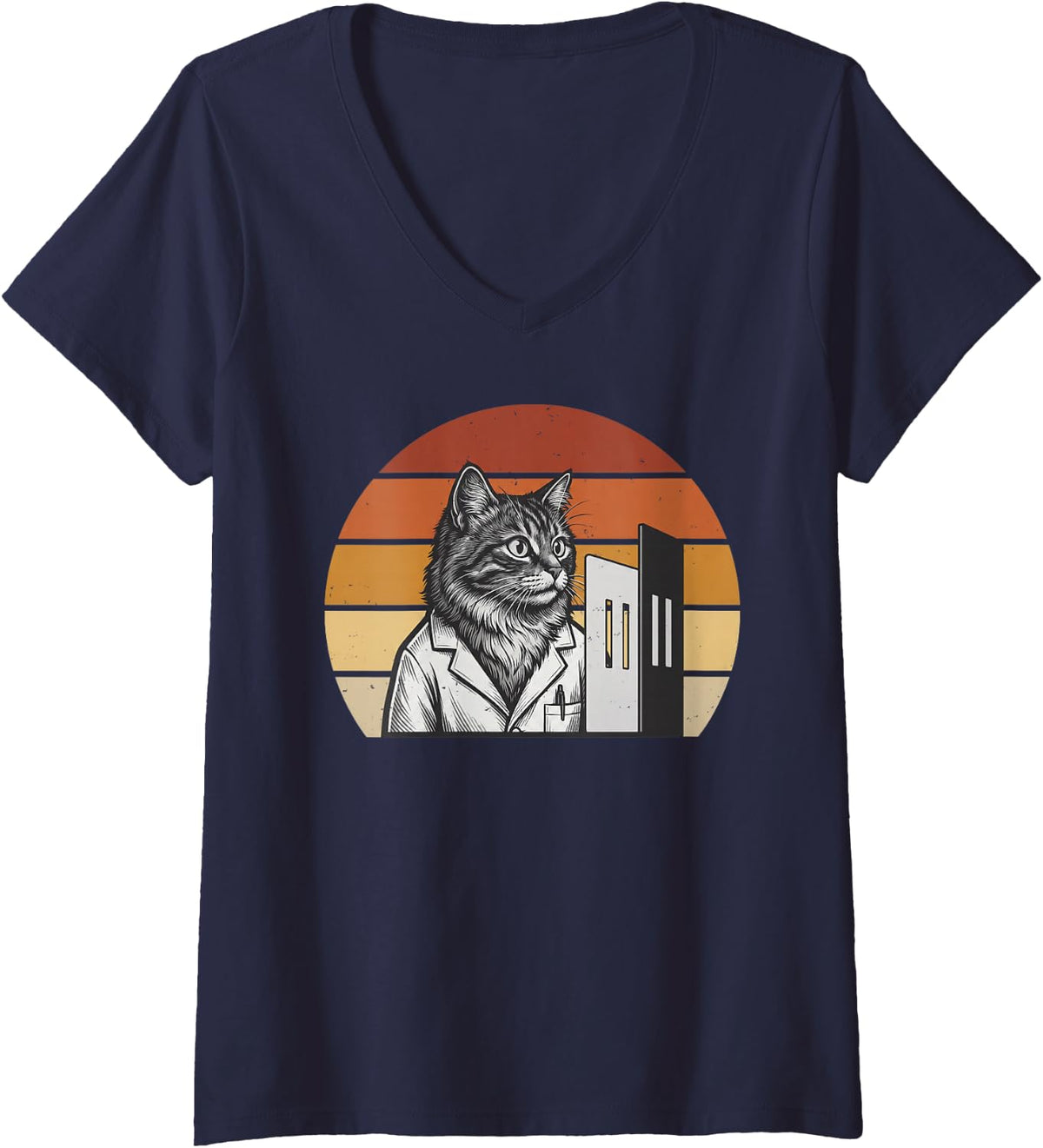 Women's Double Slit Experiment Funny Cat Physics Physicist Teacher V-Neck T-Shirt - Navy Blue