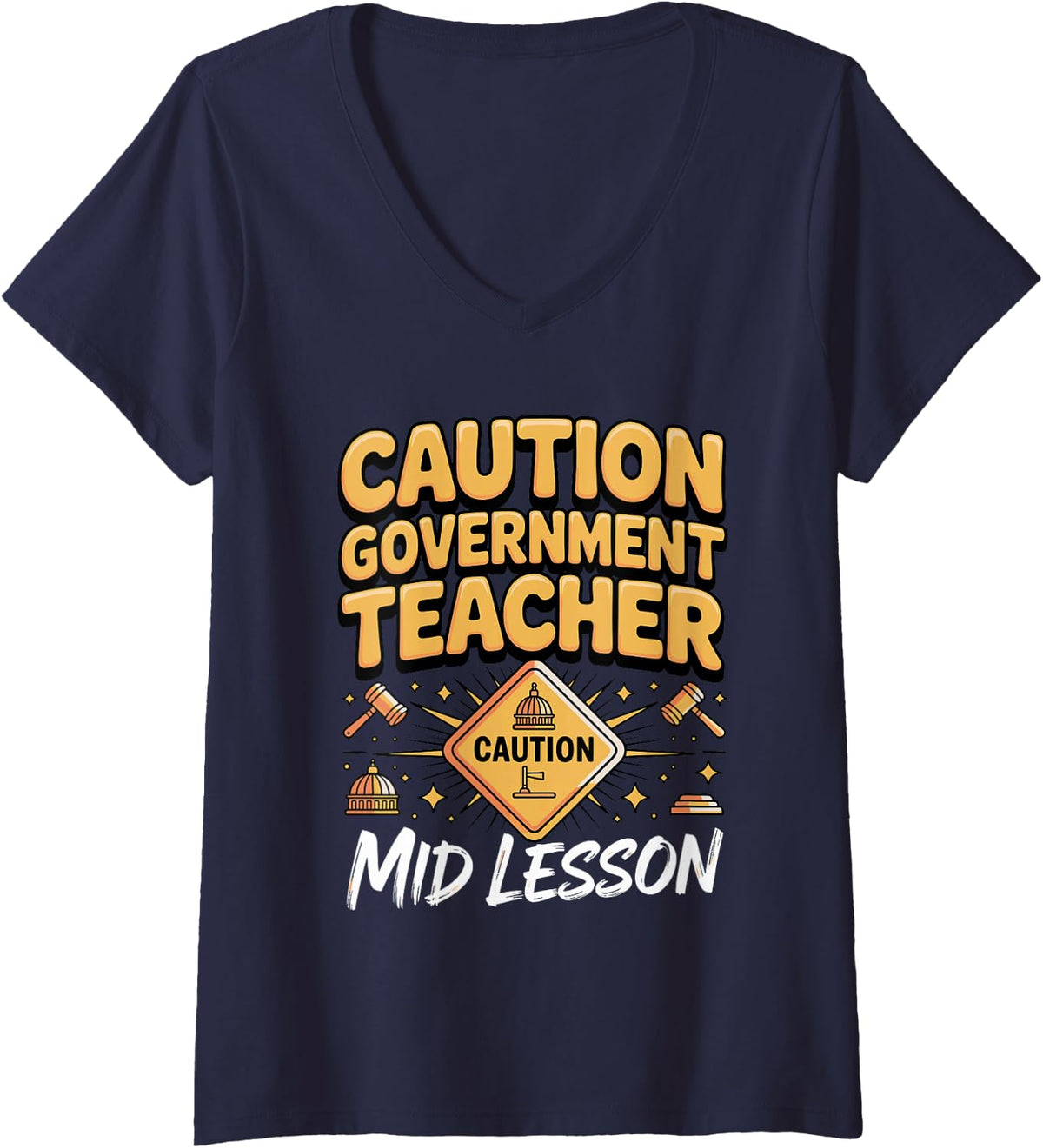 Women's Caution Government Teacher Mid Lesson V-Neck T-Shirt - Navy Blue