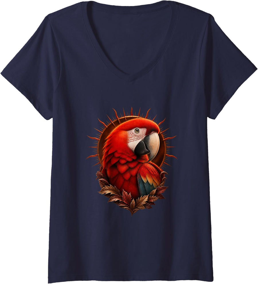 Women's Scarlet Macaw with Copper Solar Rays Tropical Bird Art V-Neck T-Shirt - Navy Blue