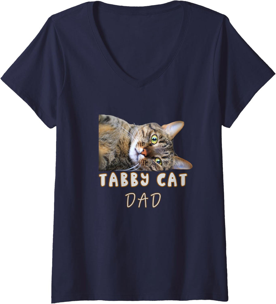 Women's Tabby Cat Dad Funny Cute Lazy Tabby Cat Lover V-Neck T-Shirt - Navy Blue