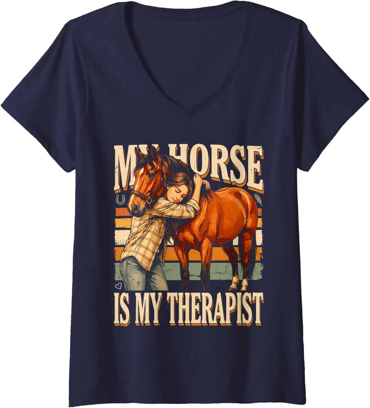 Women's My Horse is My Therapist Equestrian Riding V-Neck T-Shirt - Navy Blue