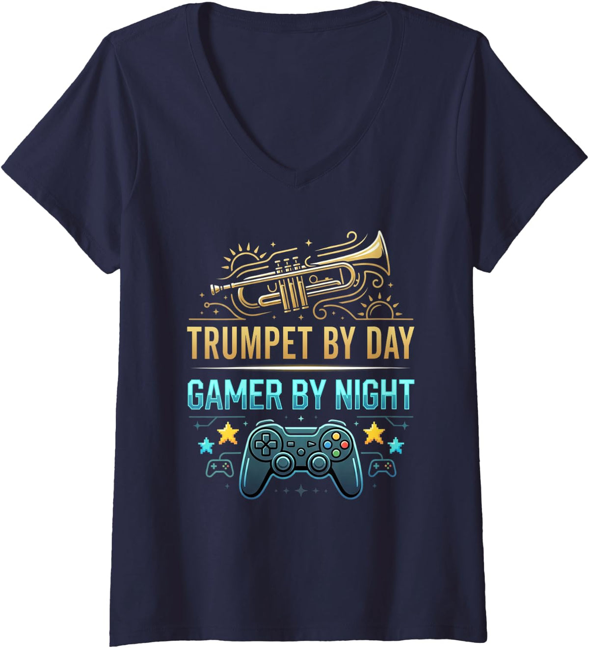 Women's Trumpet Gamer Gaming Trumpet Player Musician Trumpeter Music V-Neck T-Shirt - Navy Blue