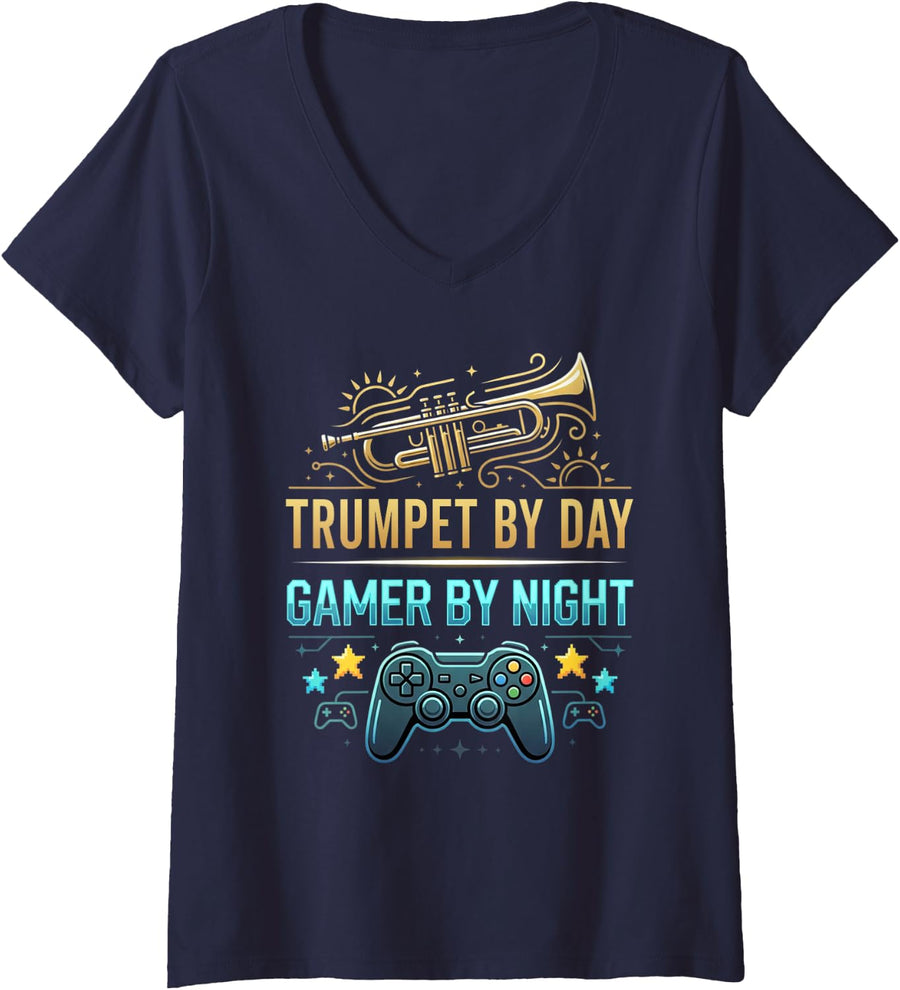 Women's Trumpet Gamer Gaming Trumpet Player Musician Trumpeter Music V-Neck T-Shirt - Navy Blue