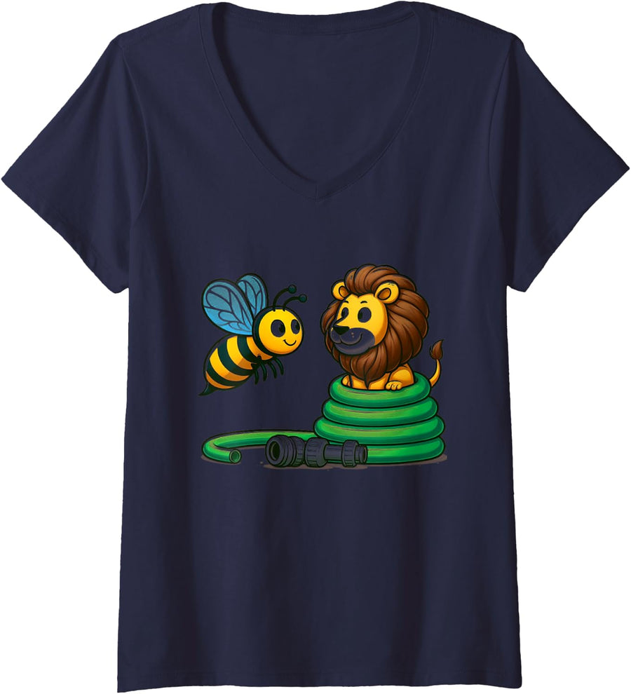 Womens Funny Hose Bee Lion V-Neck T-Shirt - Navy Blue