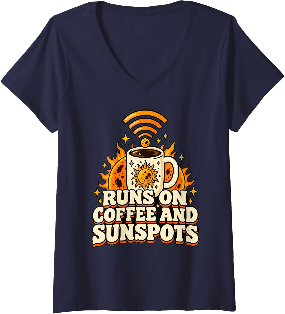 Women's Ham Radio Runs On Coffee and Sunspots Funny Operator V-Neck T-Shirt - Navy Blue