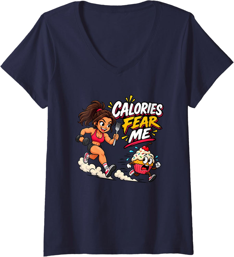 Women's Calories Fear Me Funny Gym Lover Diet Workout Gift Women V-Neck T-Shirt - Navy Blue