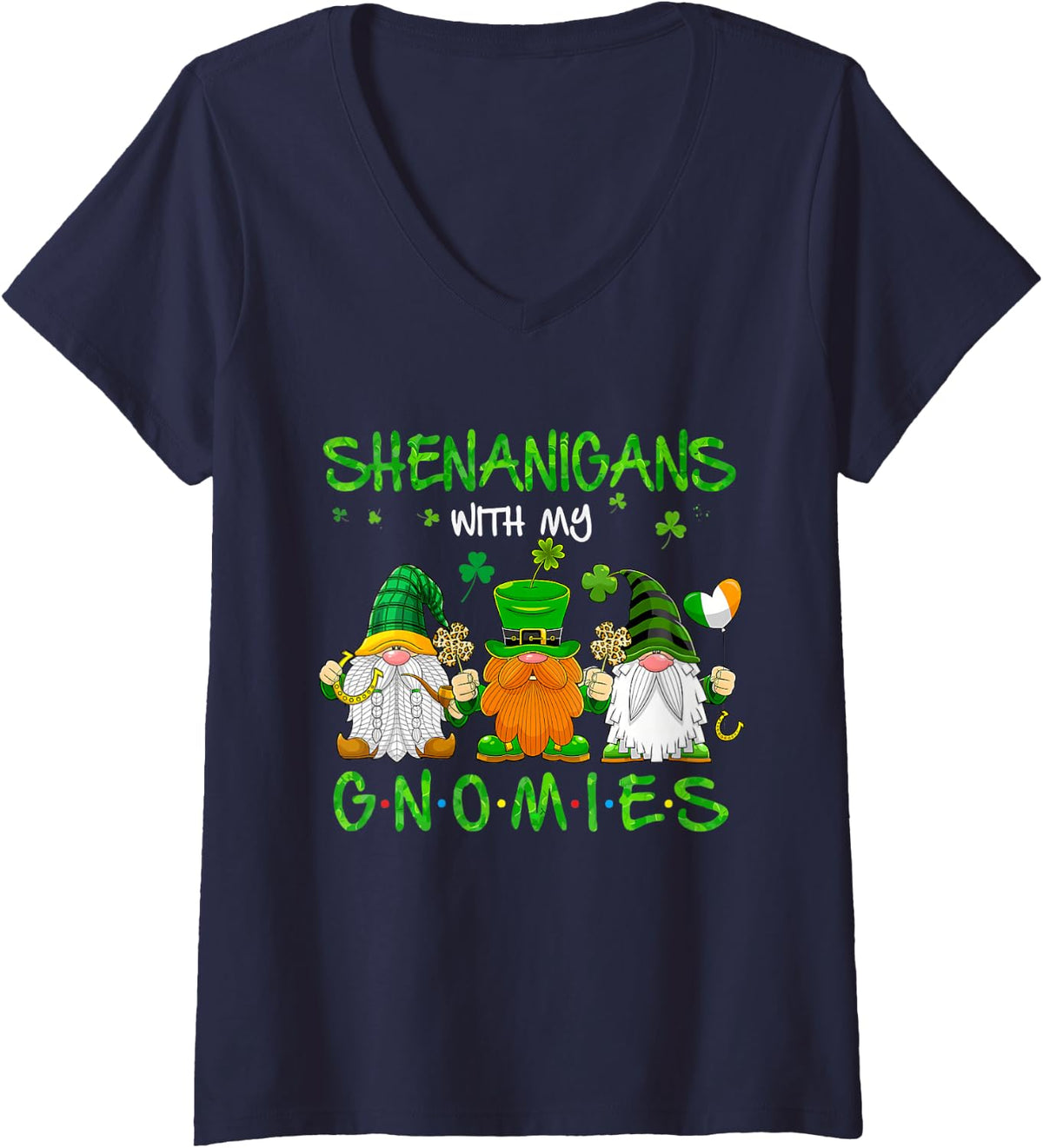 Women's Shenanigans with My Gnomies St Patrick's Day Gnome Shamrock V-Neck T-Shirt - Navy Blue