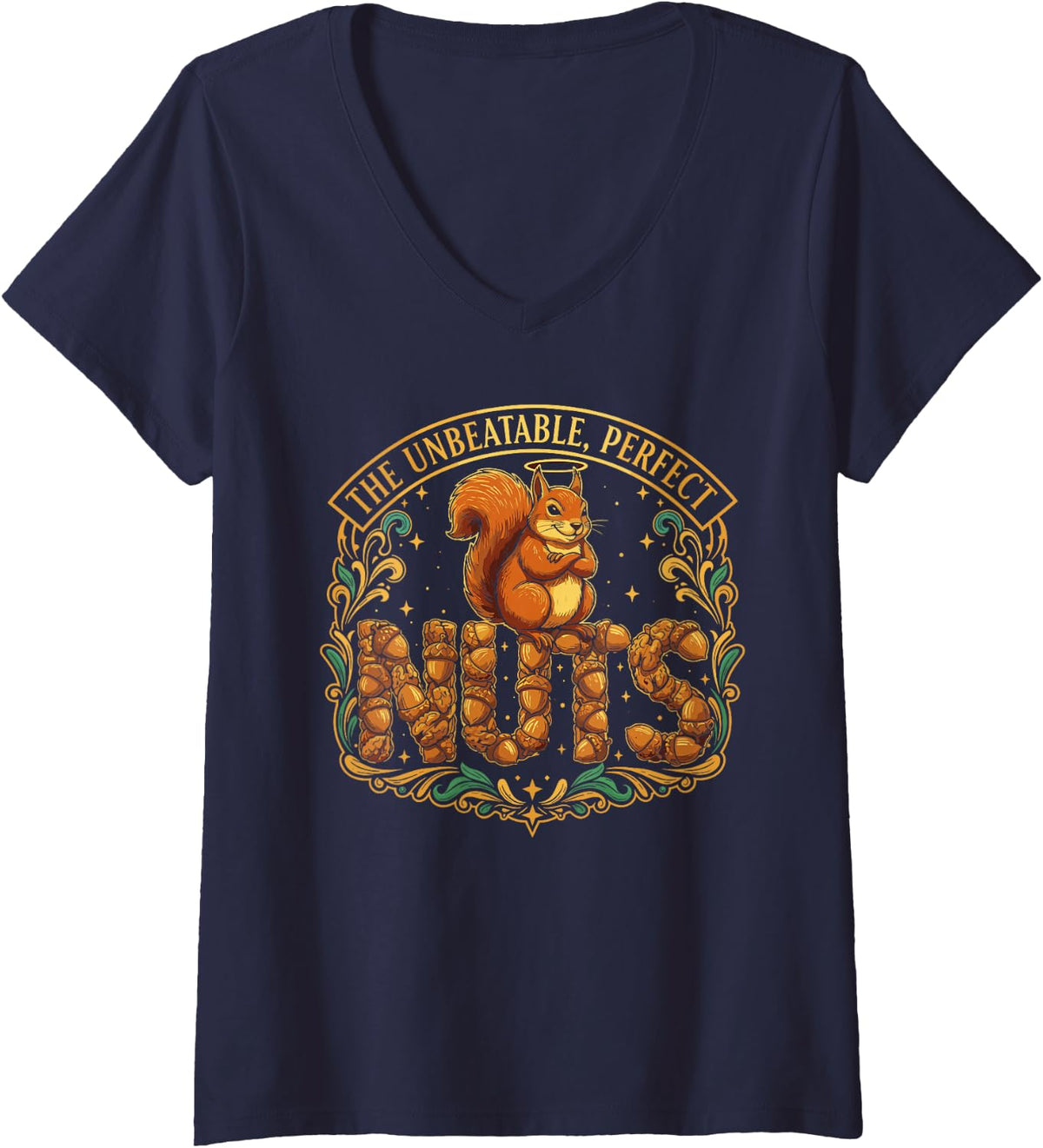 Women's Poker Player Perfect Nuts Squirrel Animal Graphic V-Neck T-Shirt - Navy Blue