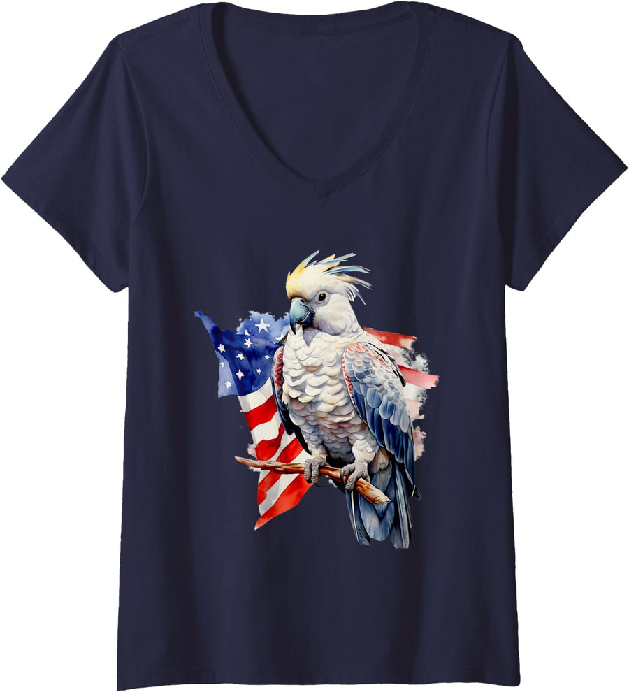 Women's Cockatoo Parrot American Flag USA Vintage 4th of July V-Neck T-Shirt - Navy Blue