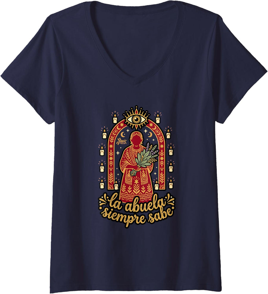 Women's La Abuela Siempre sabe Traditiona Mexican Grandmother Wisdom V-Neck T-Shirt - Navy Blue