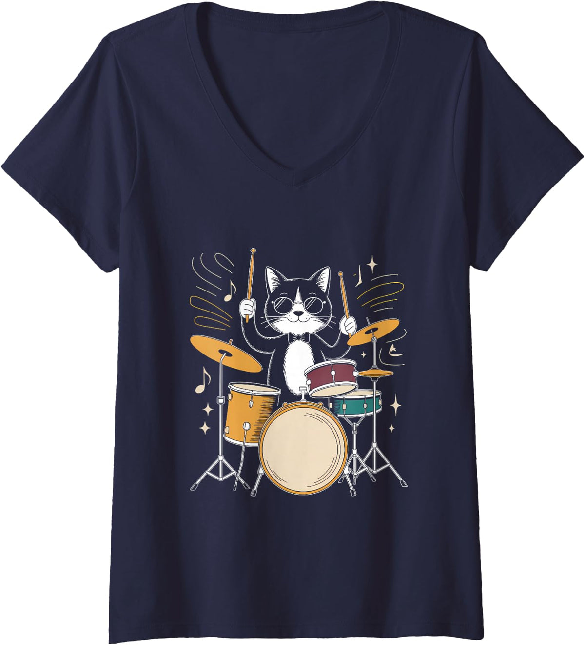 Women's Sunglasses Cat Drummer Jazz Percussion Music V-Neck T-Shirt - Navy Blue