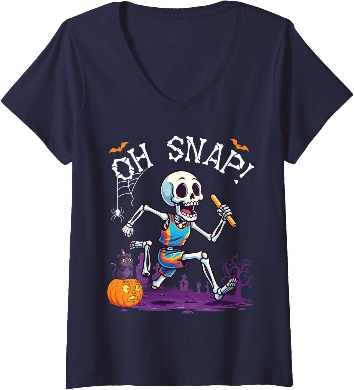 Women's Oh Snap Skeleton Playing Track and Field Spooky Halloween V-Neck T-Shirt - Navy Blue
