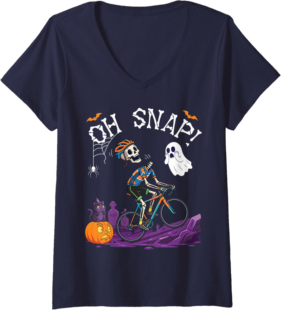 Women's Oh Snap Skeleton Biker Mountain Biking Spooky Halloween Day V-Neck T-Shirt - Navy Blue