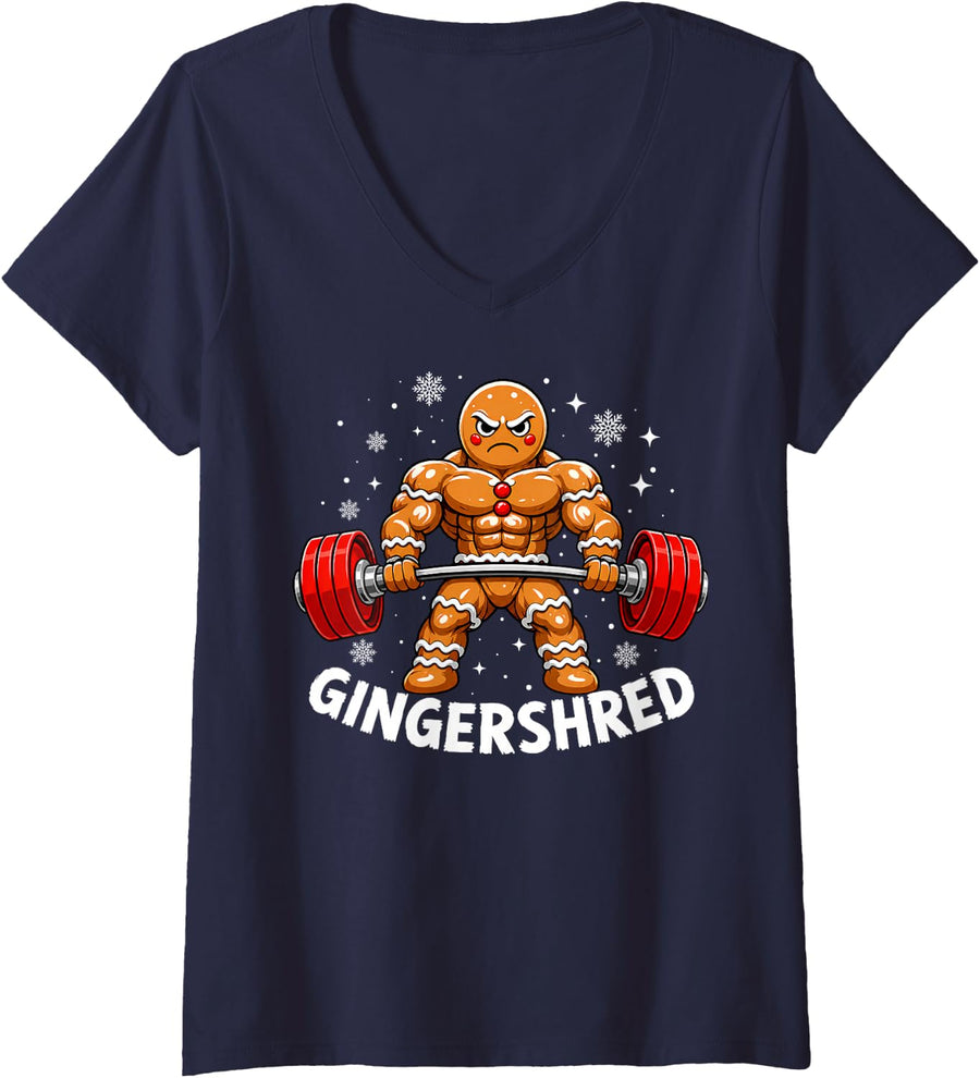 Women's Funny Gingershred Christmas Workout Fitness Gym Gingerbread V-Neck T-Shirt - Navy Blue