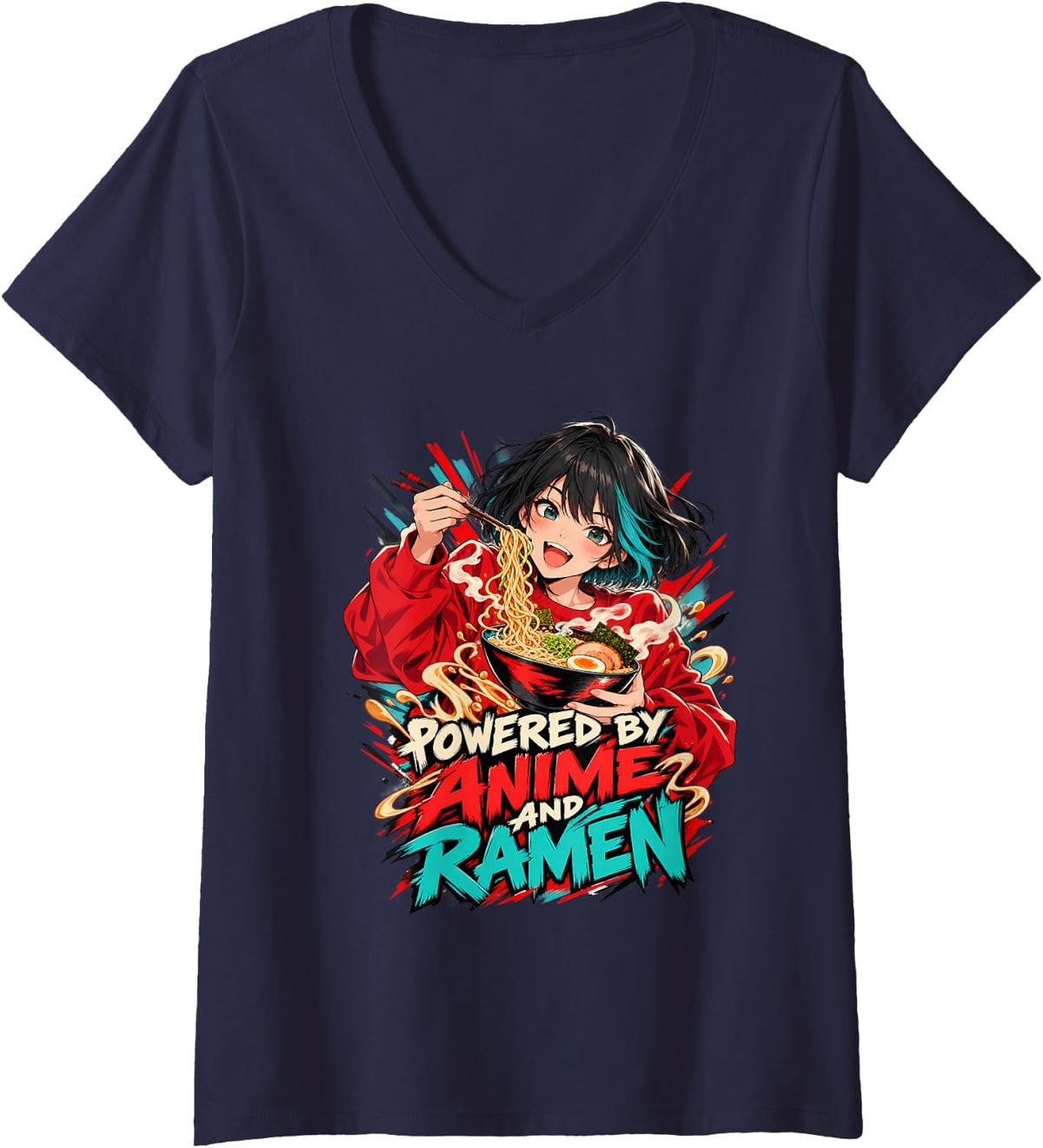 Women's Powered By Anime and Ramen Japanese Noodle Lover V-Neck T-Shirt - Navy Blue