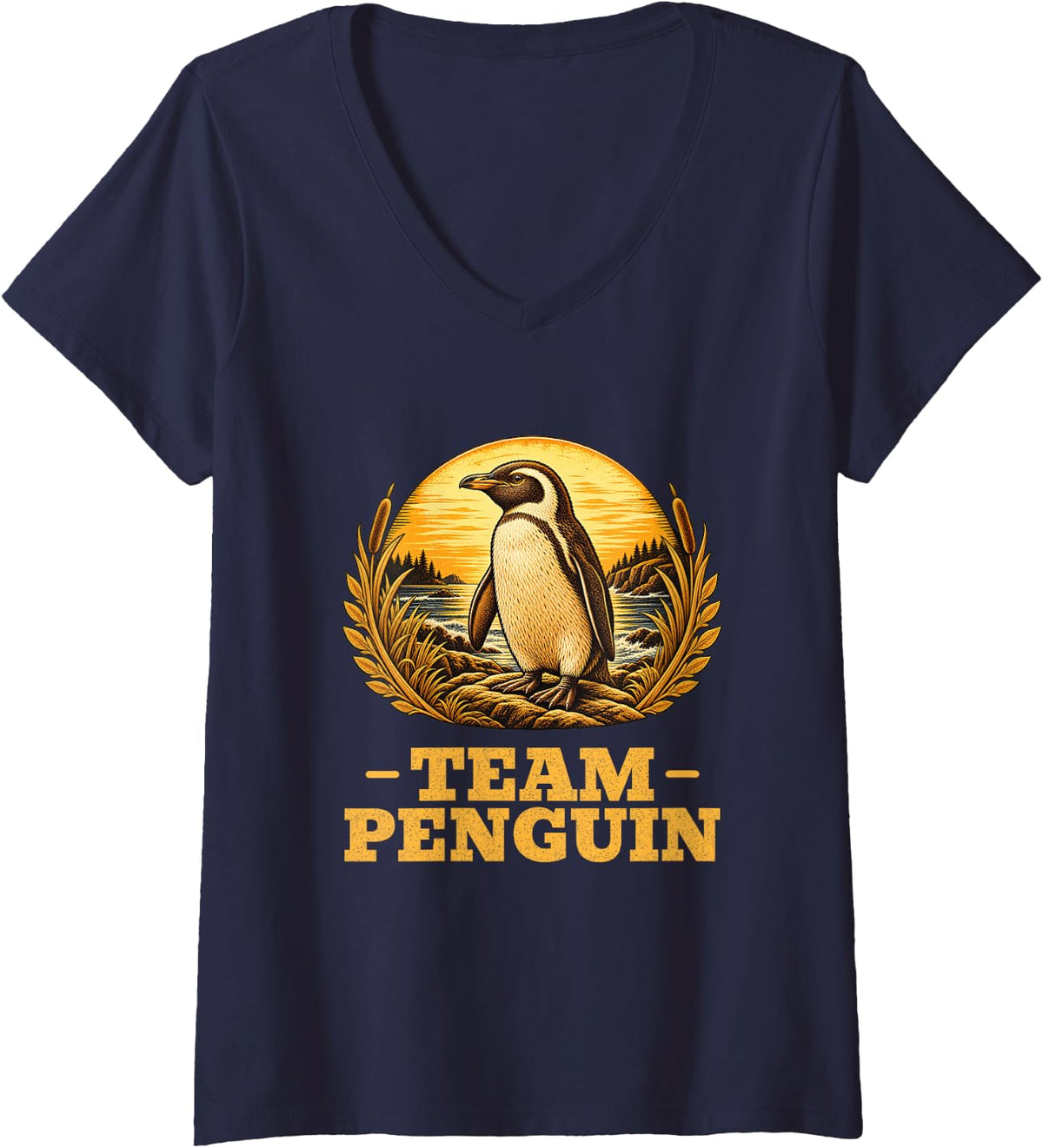 Women's Team Penguin Vintage Bird Retro Animal Lover V-Neck T-Shirt - Navy Blue