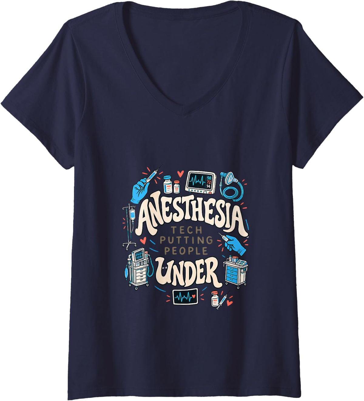 Women's Anesthesia Tech Putting People Under Funny V-Neck T-Shirt - Navy Blue