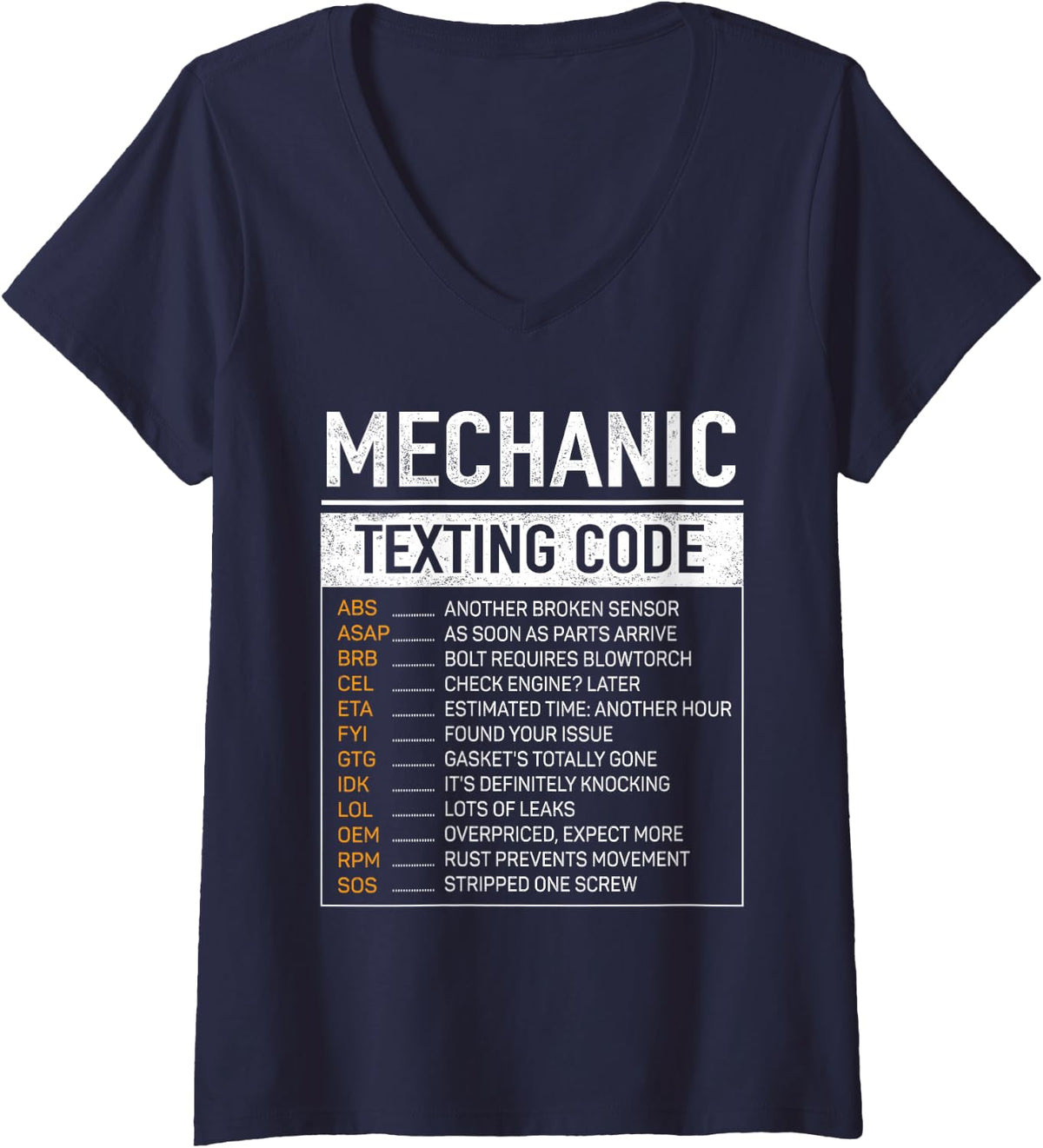 Women's Mechanic Texting Code Funny Auto Repair Garage Gag Humor V-Neck T-Shirt - Navy Blue