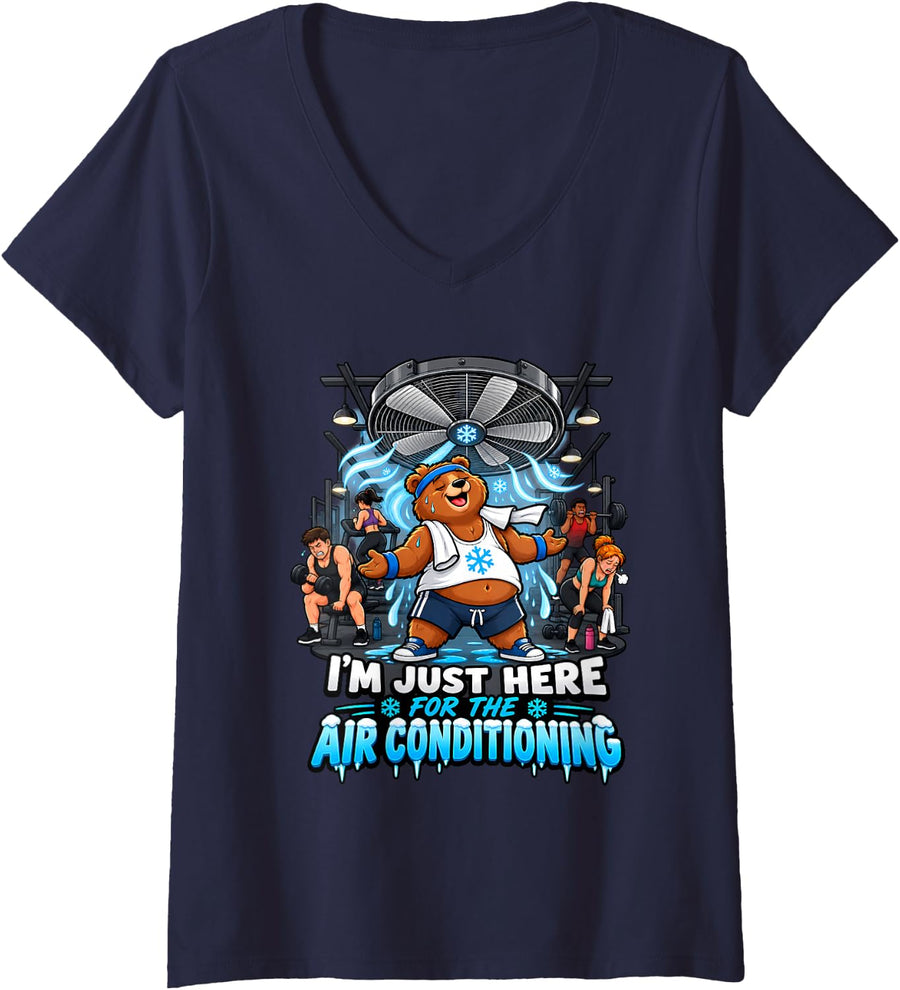 Women's Im Just Here for the Air Conditioning Funny Gym Bear Workout V-Neck T-Shirt - Navy Blue