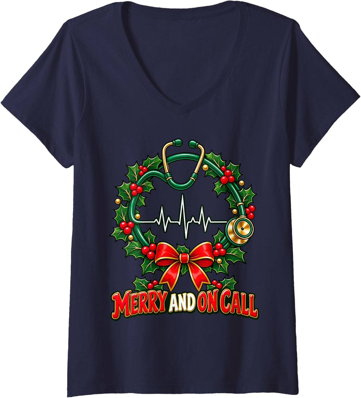 Women's Merry and On Call Christmas Nurse Stethoscope Wreath V-Neck T-Shirt - Navy Blue