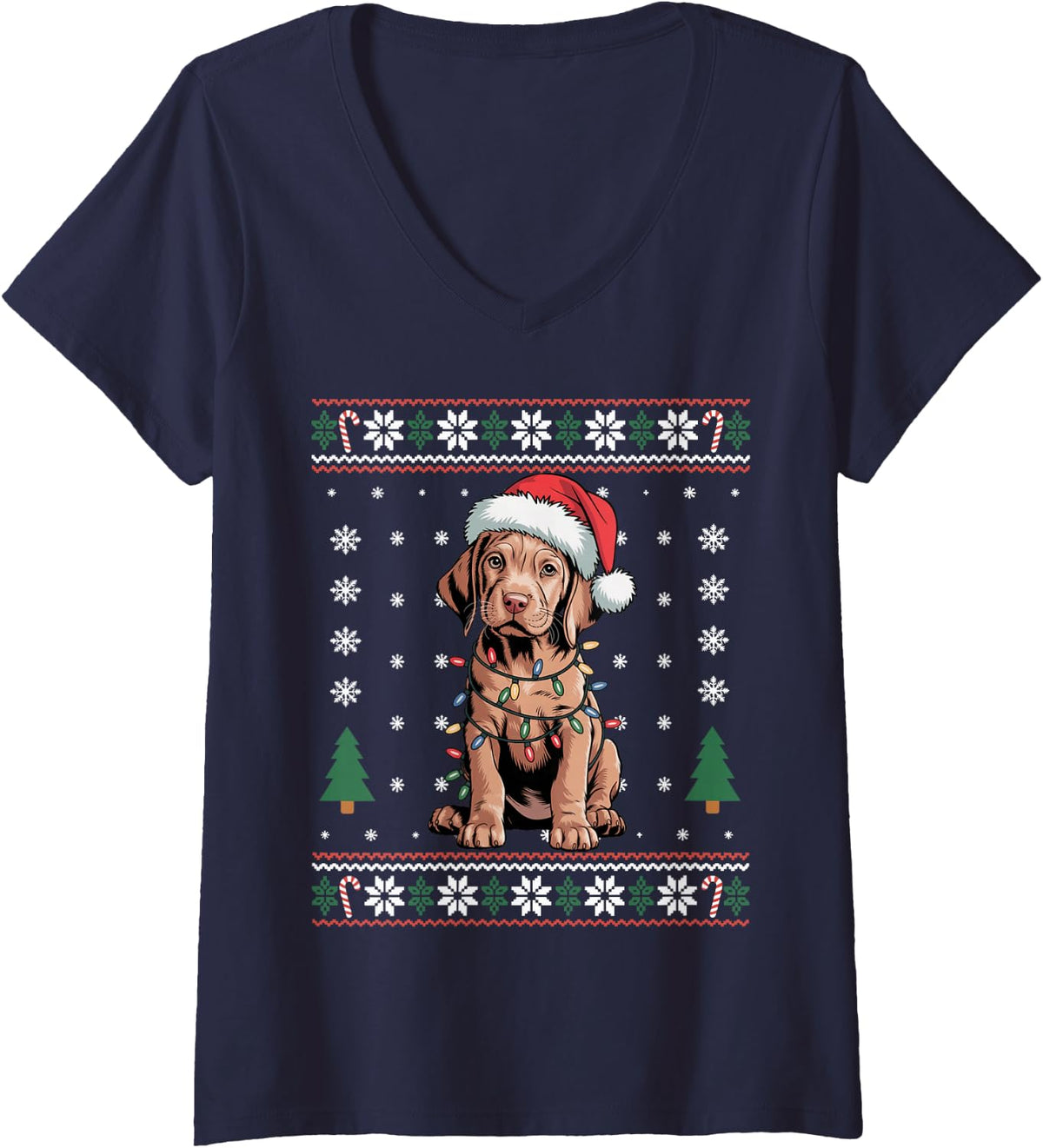 Women's Festive Cute Vizsla Puppy Christmas Lights Dog Mom Dad Lover V-Neck T-Shirt - Navy Blue