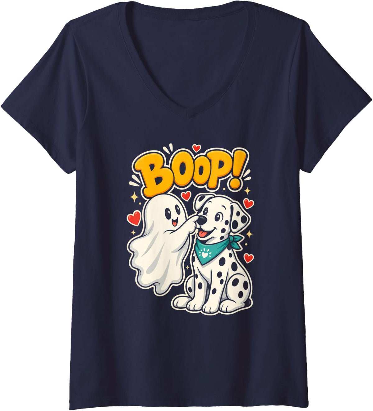 Women's Halloween Dalmatian Dog Lover Ghost Boop V-Neck T-Shirt - Navy Blue