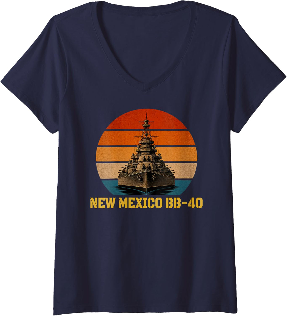 Women's Sunset & Battleship USS New Mexico BB-40 Veterans Day Sailor V-Neck T-Shirt - Navy Blue
