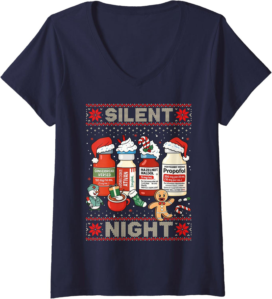 Women's Retro Propofol Silent Night ICU Nurses Funny Men Women V-Neck T-Shirt - Navy Blue