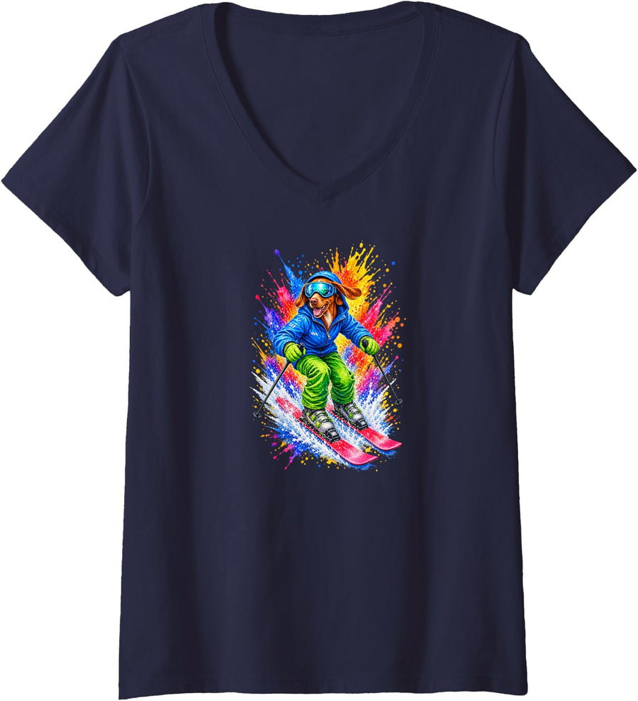 Women's Vizsla Skiing Dog Funny V-Neck T-Shirt - Navy Blue