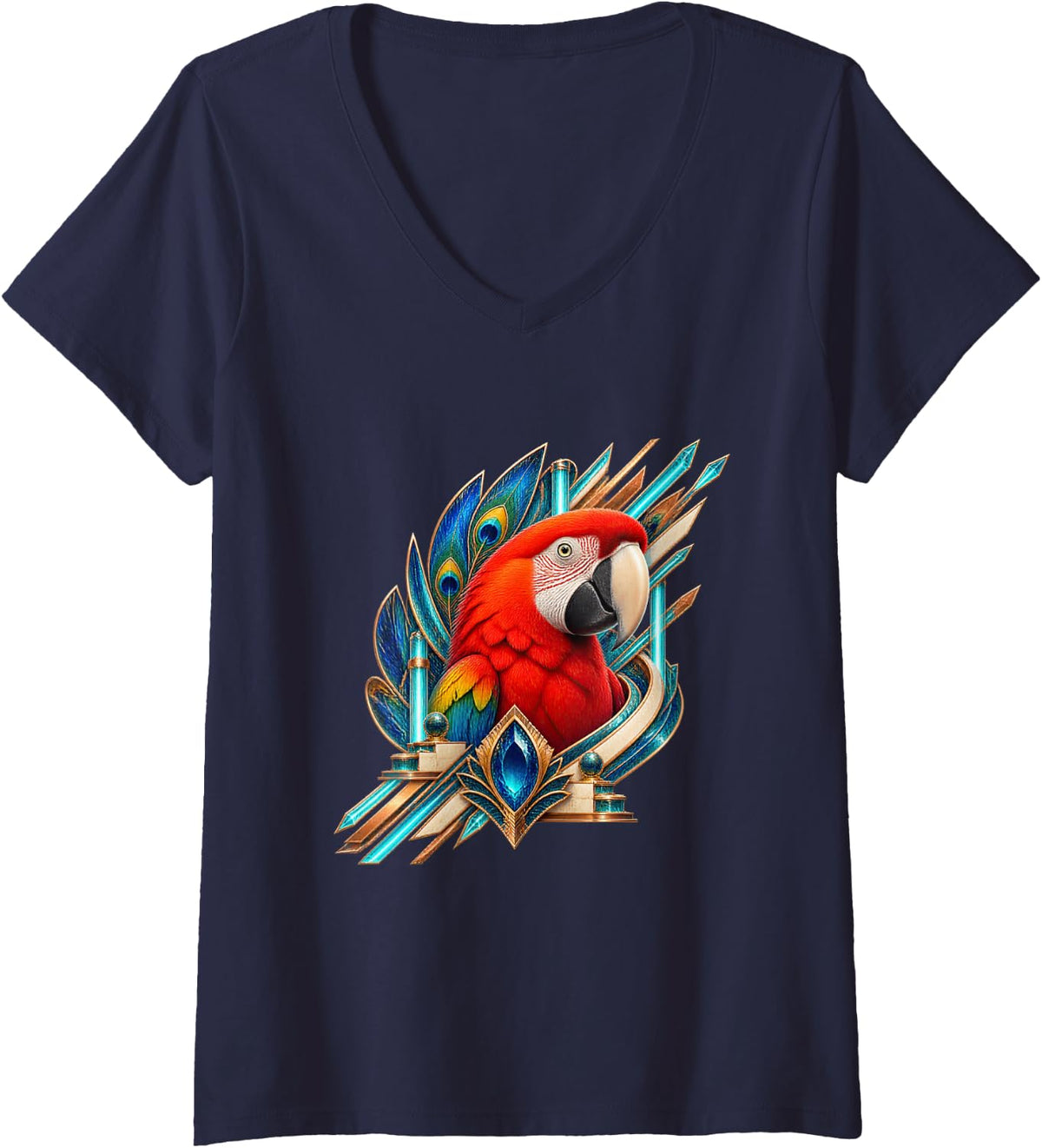 Women's Scarlet Macaw with Turquoise Feather Fans V-Neck T-Shirt - Navy Blue