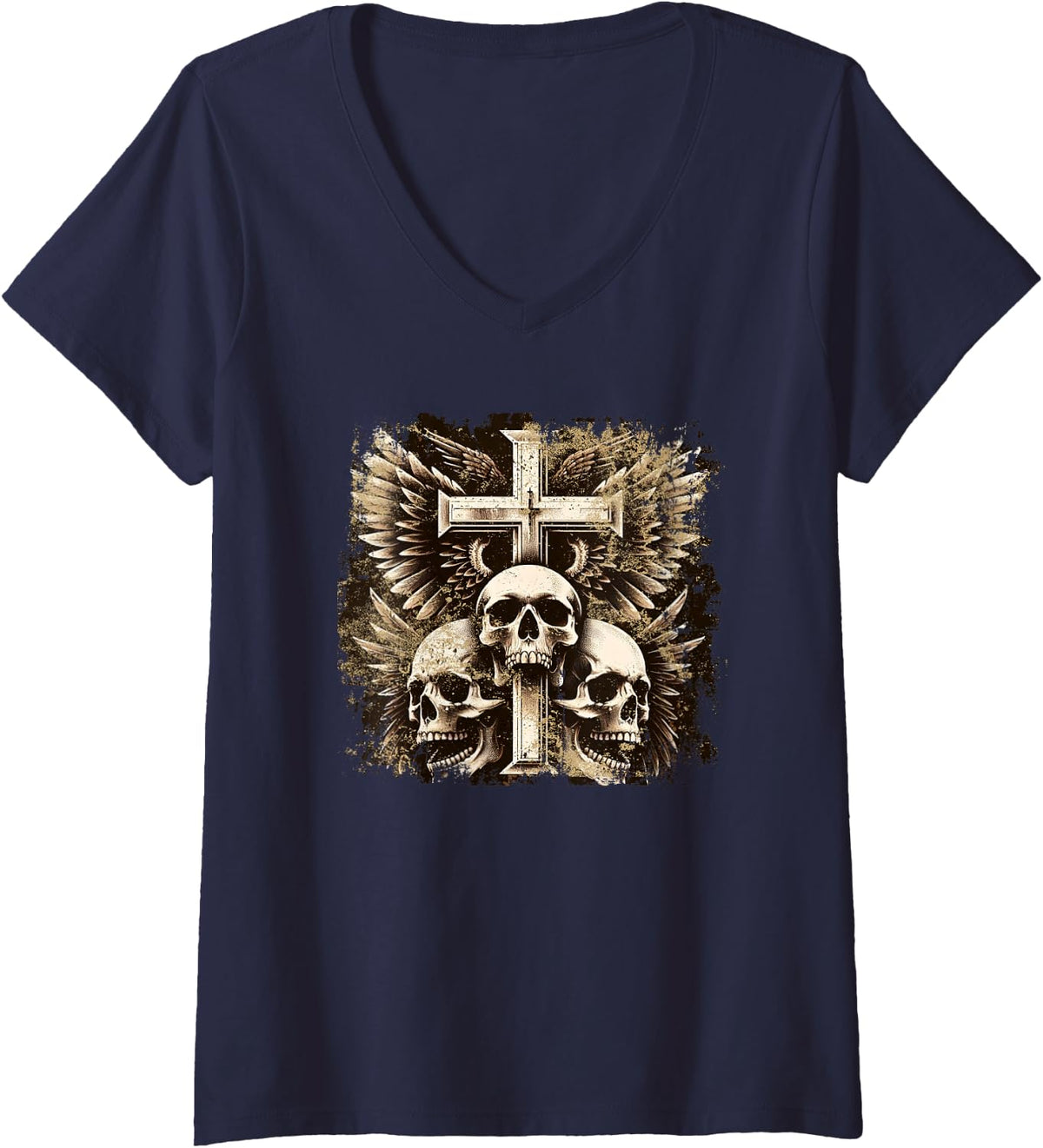 Women's Skull Cross Wings Y2K Goth Alt Grunge Gothic Emo Aesthetic V-Neck T-Shirt - Navy Blue