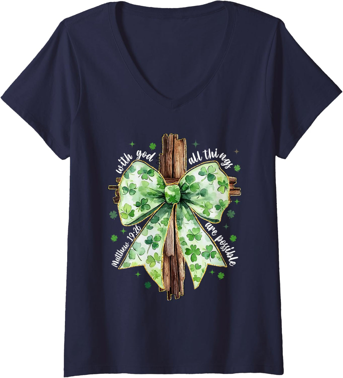 Women's Jesus Christian Coquette Bow St Patrick's Day Shamrock Irish V-Neck T-Shirt - Navy Blue