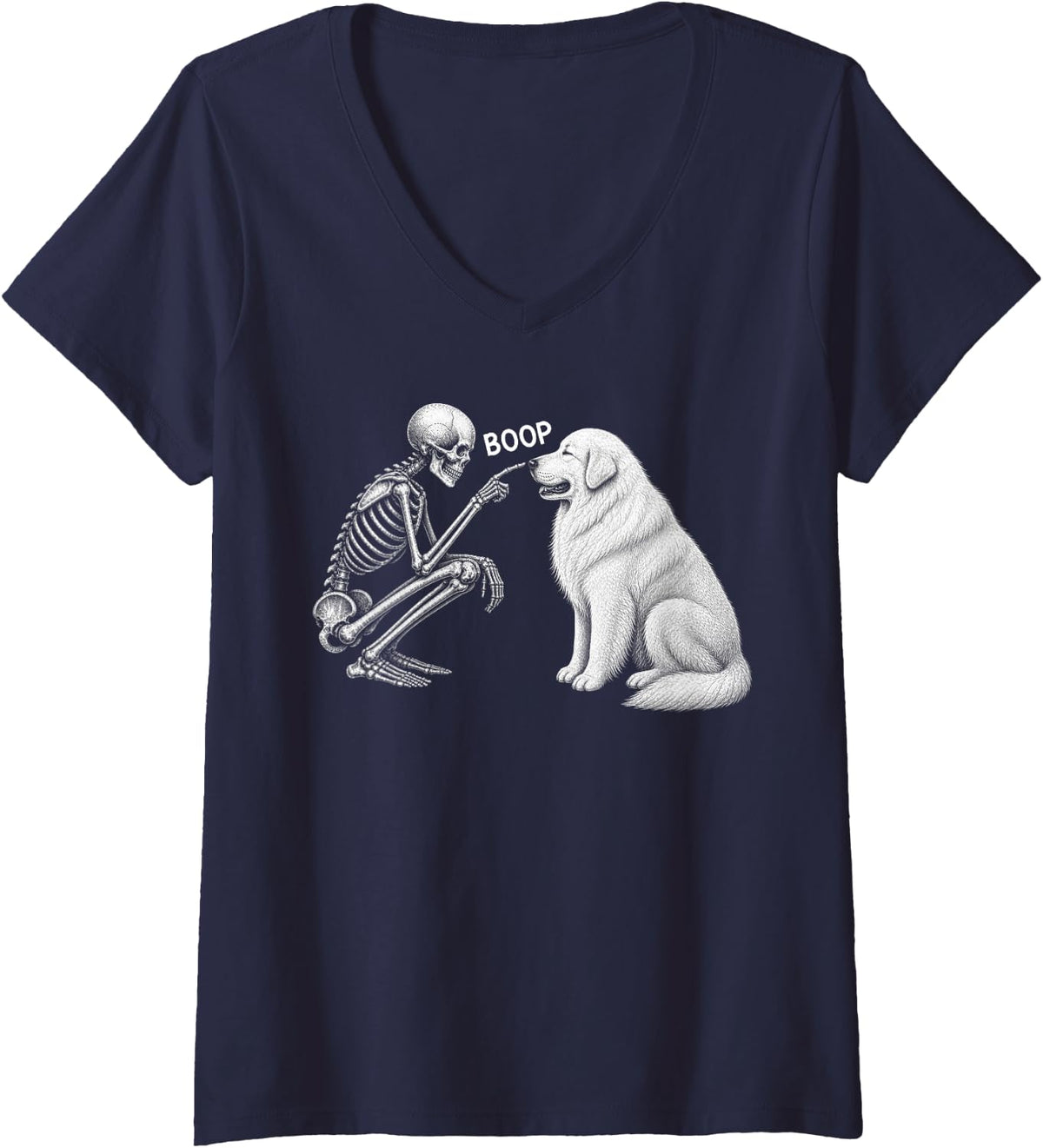Women's Skeleton Boop Great Pyrenees Dog Nose Vintage Halloween V-Neck T-Shirt - Navy Blue