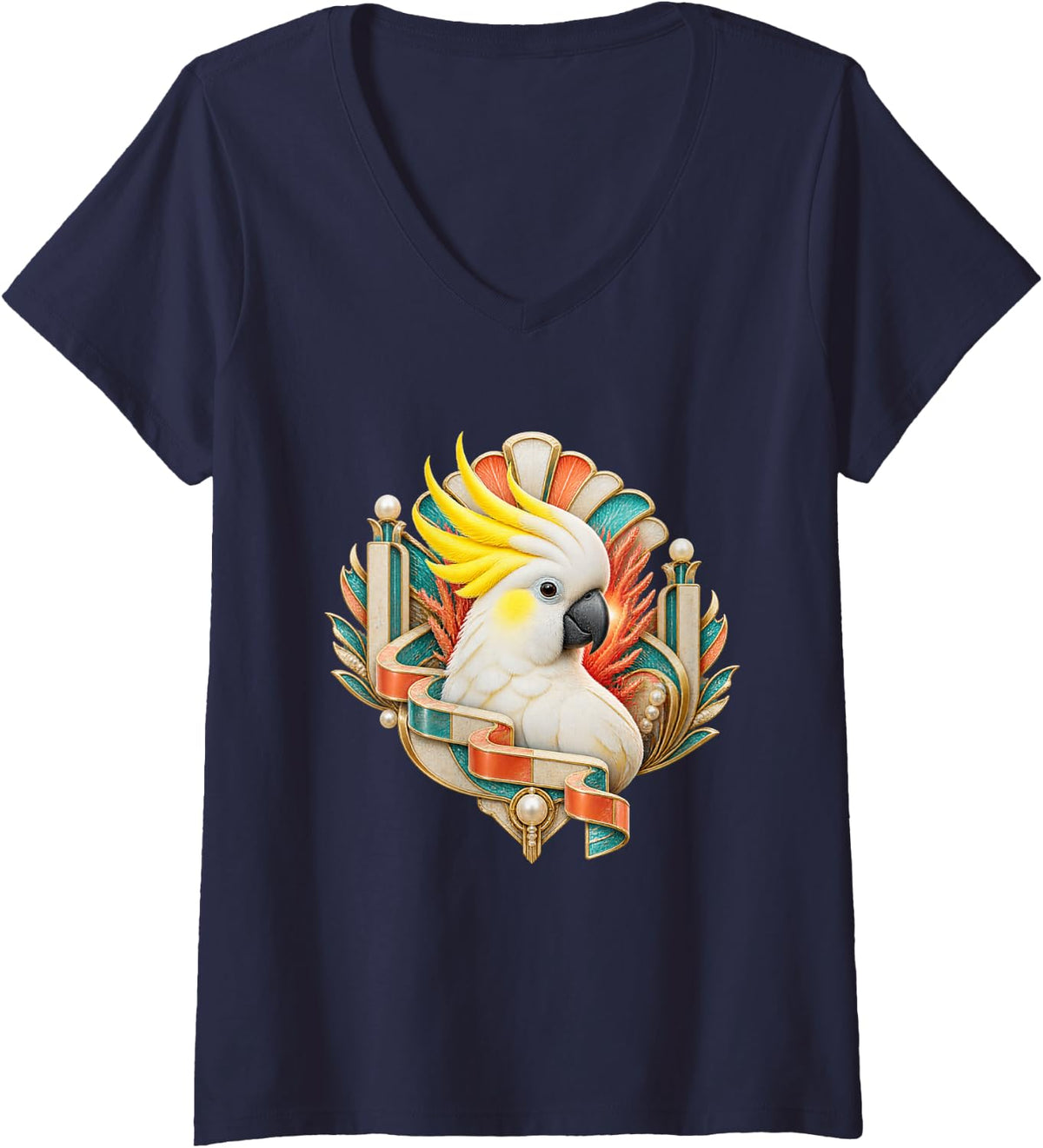 Women's Sulphur-Crested Cockatoo in Coral Deco Fan V-Neck T-Shirt - Navy Blue