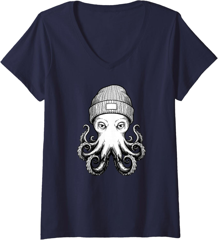 Women's Cute Octopus Funny Illustration Graphic V-Neck T-Shirt - Navy Blue