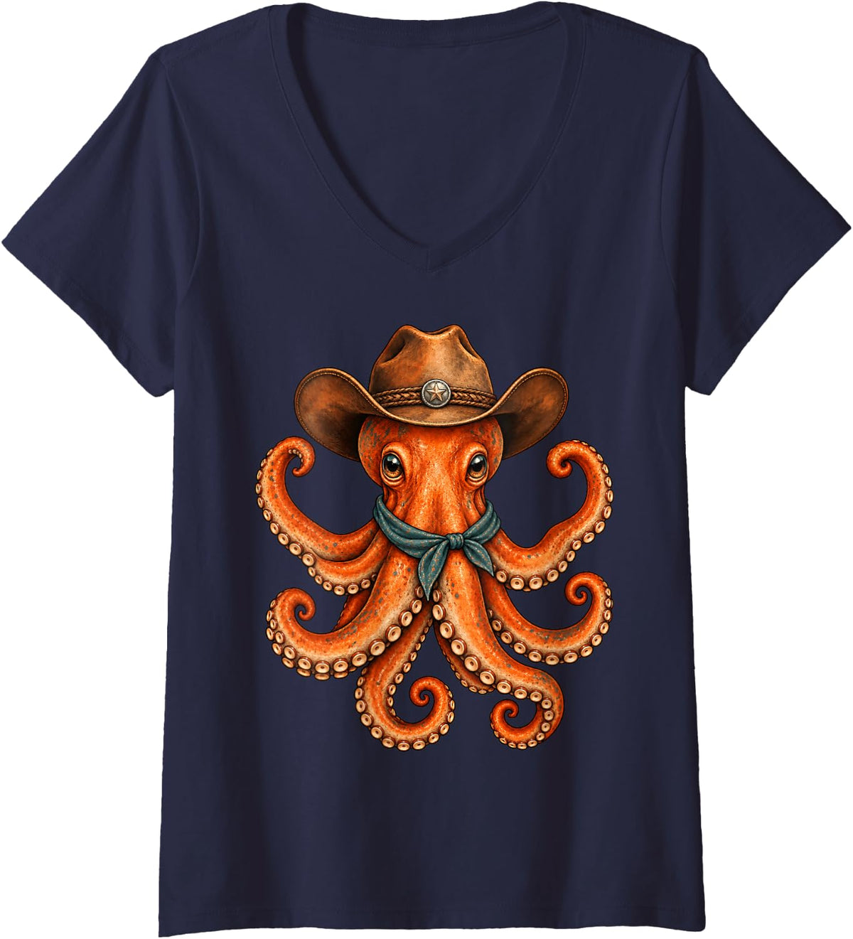Women's Cowboy Octopus Western Rodeo Ranch Hat Bandana V-Neck T-Shirt - Navy Blue