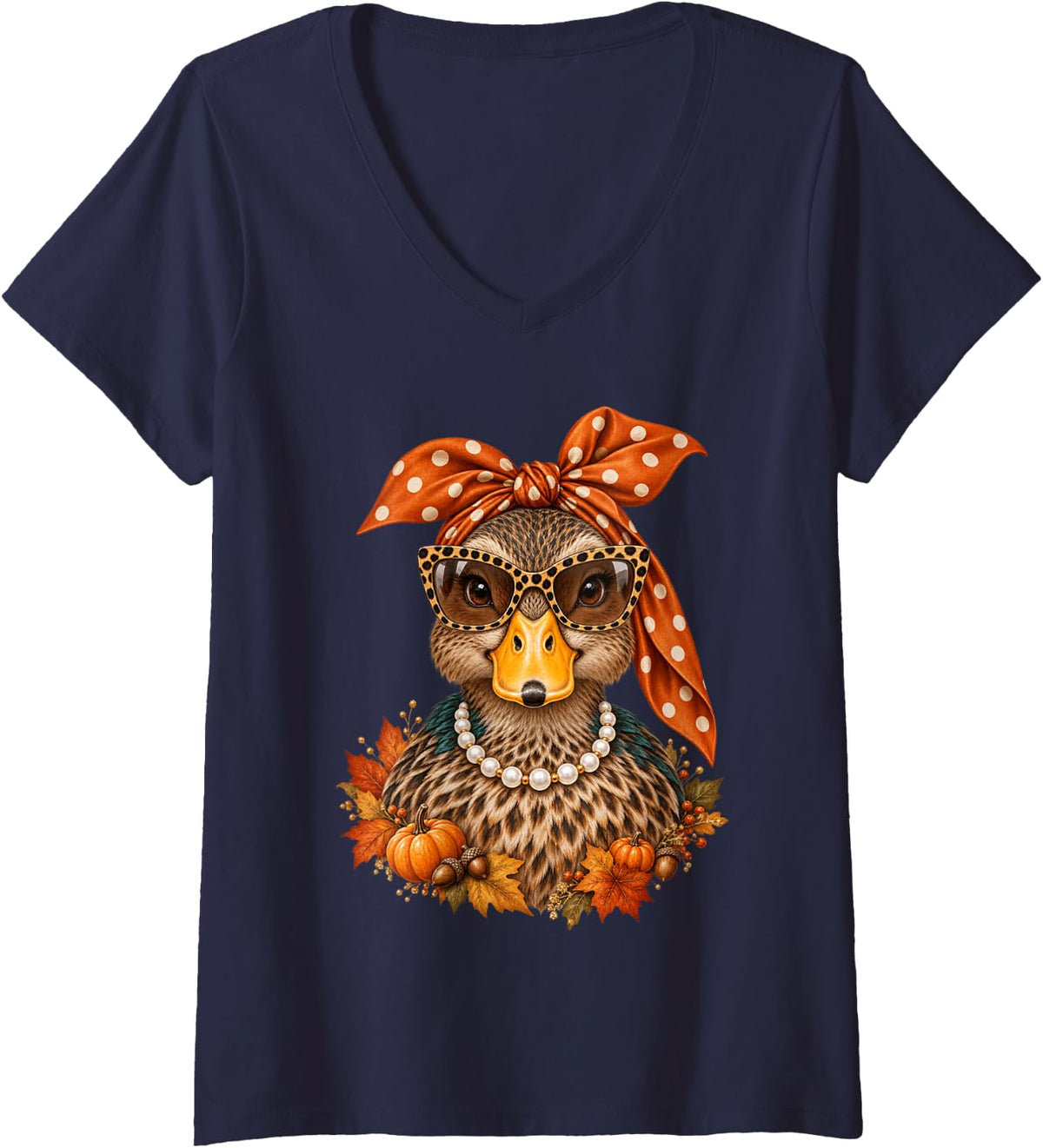 Women's Autumn Mallard Duck Leopard Glasses Polka Dot Bandana Season V-Neck T-Shirt - Navy Blue