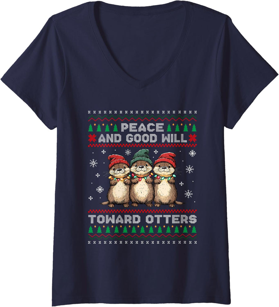 Women's Funny Christmas Otters Cute Otter Xmas Ugly Sweater Matching V-Neck T-Shirt - Navy Blue