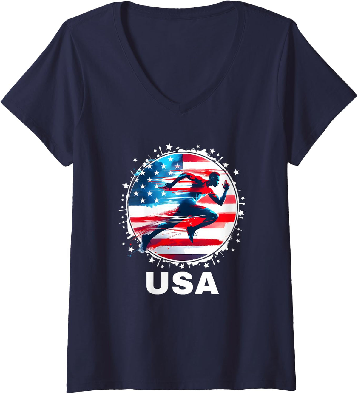 Women's USA Run Track and Field Shirt Track and Field Apparel Track V-Neck T-Shirt - Navy Blue