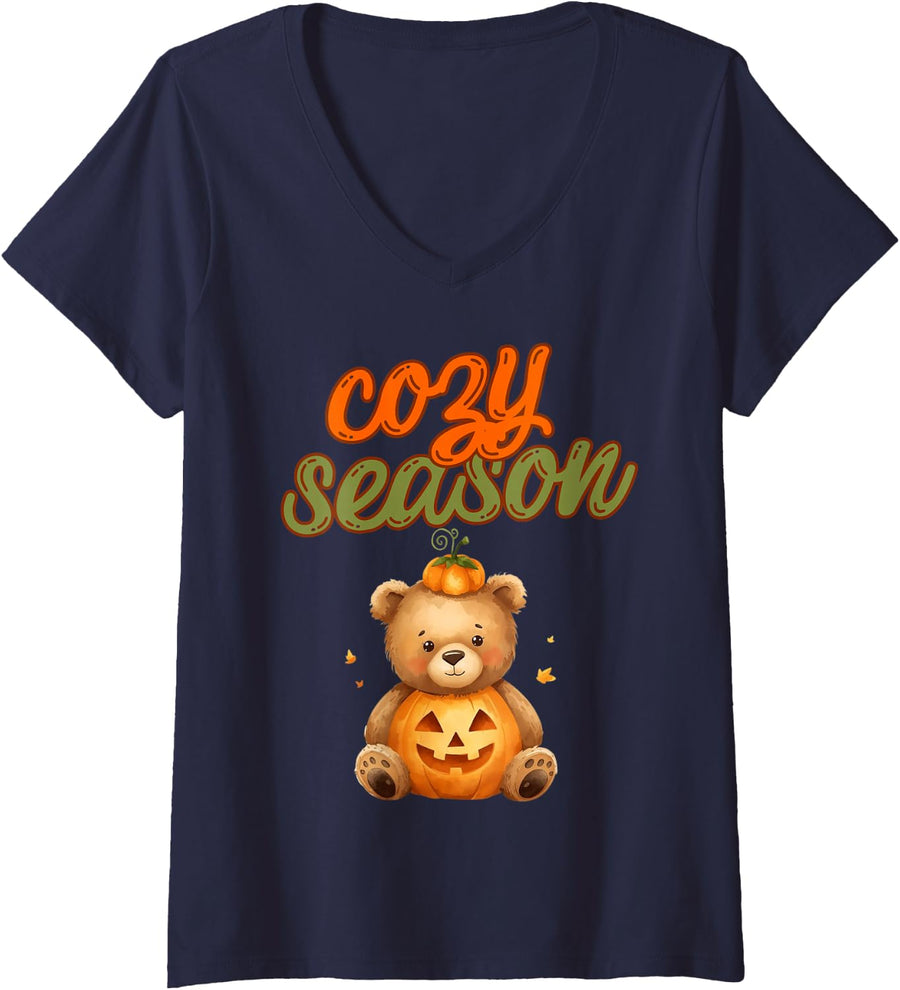 Women's Halloween Teddy Bear Pumpkin Jack O’Lantern Cozy Season V-Neck T-Shirt - Navy Blue