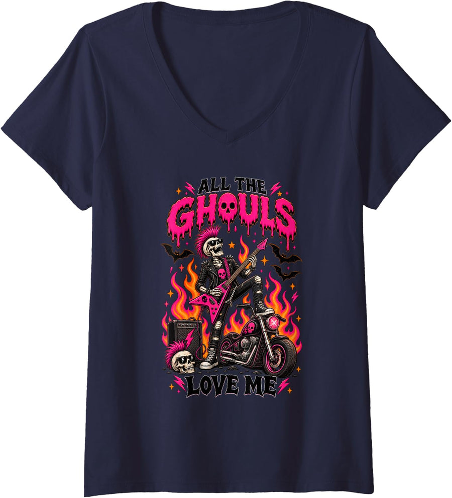 Women's All The Ghouls Love Me Funny Halloween Skeleton Spooky Boy V-Neck T-Shirt - Navy Blue