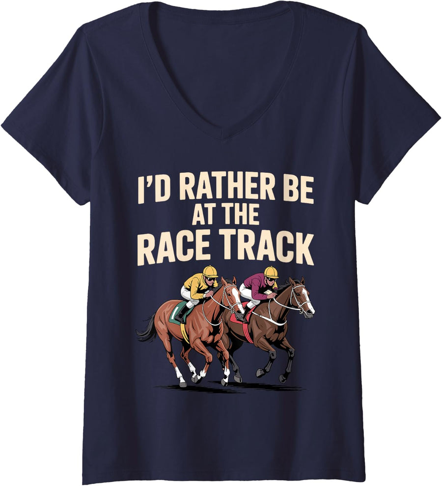 Women's Funny Horse Racing Art for Men Women Jockey Horse Racing V-Neck T-Shirt - Navy Blue