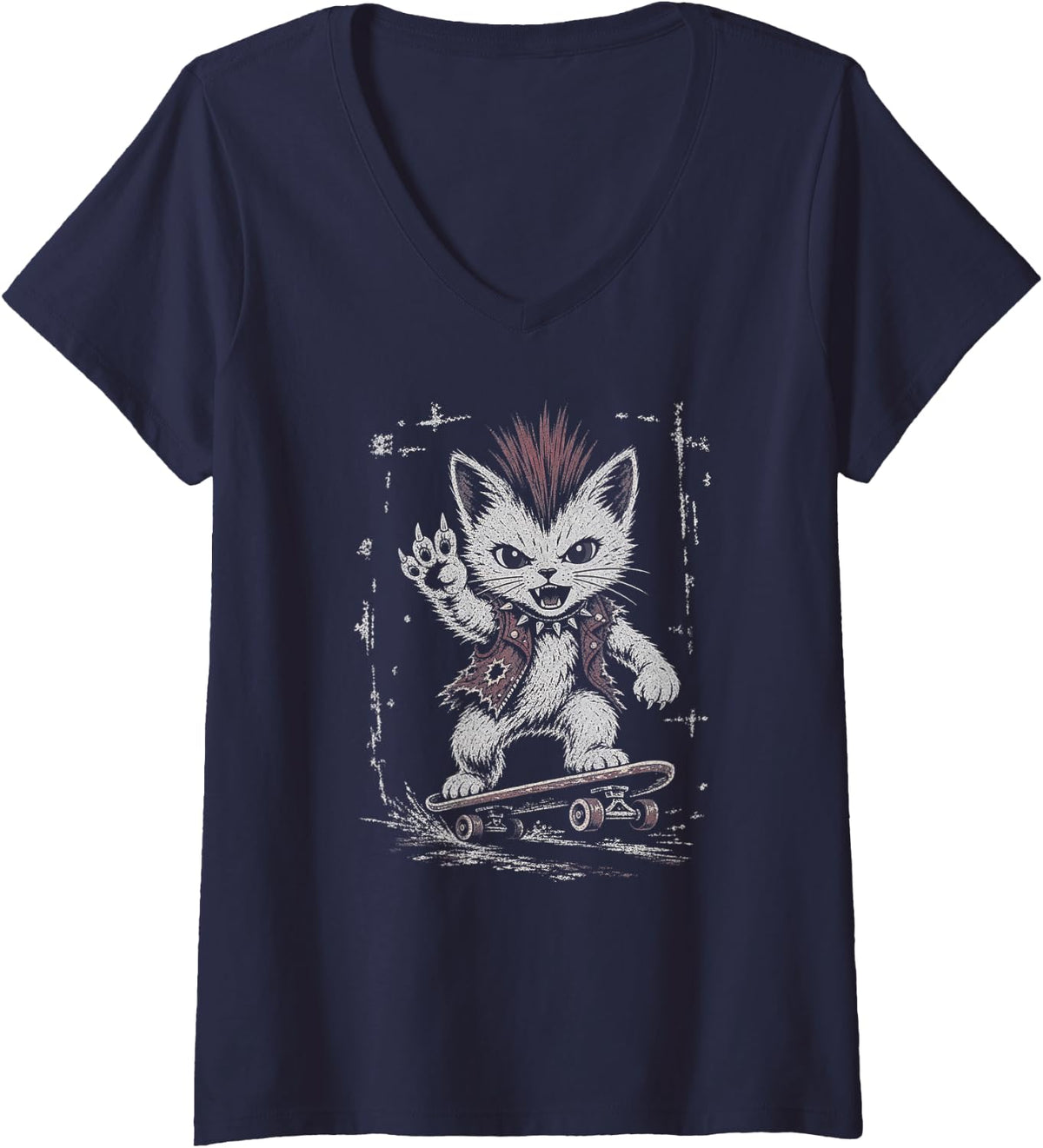 Women's Punk Rock Kitten Skateboard Cat V-Neck T-Shirt - Navy Blue