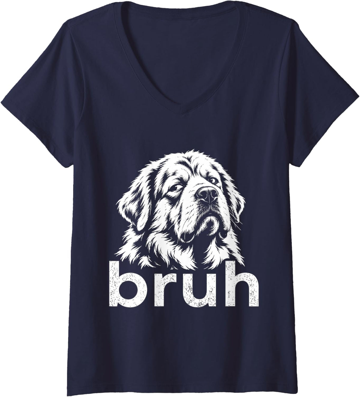 Women's Funny Great Pyrenees Bruh Dog Face Meme Style Animal Art V-Neck T-Shirt - Navy Blue