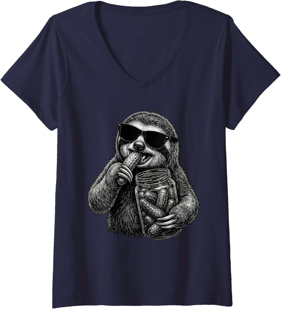Women's Sloth Eating Pickles Funny Animal Men Women V-Neck T-Shirt - Navy Blue