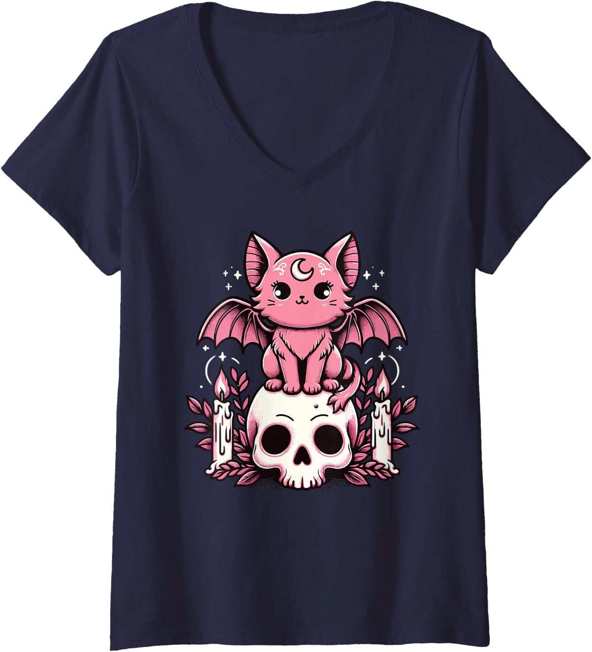 Womens Kawaii Pastel Goth Cute Creepy Cat Bat Skeleton V-Neck T-Shirt - Navy Blue
