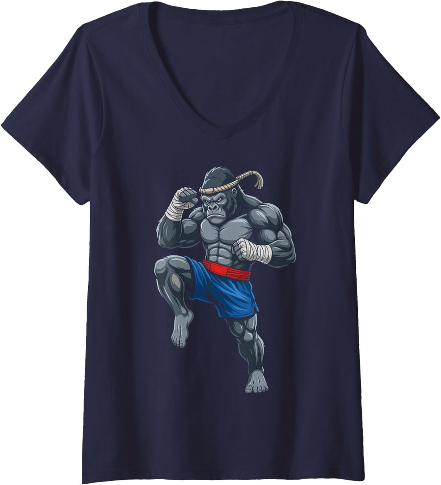 Women's Gorilla Muay Thai Combat Sport Fighter Martial Arts 8 Limbs V-Neck T-Shirt - Navy Blue
