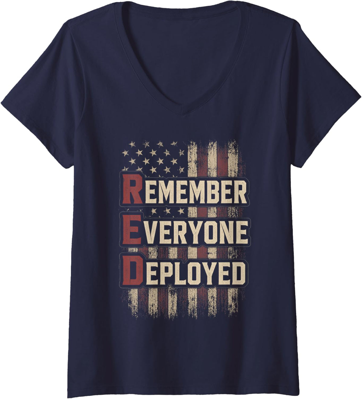 Women's Veterans Day Remember Everyone Deployed USA Flag Veterans V-Neck T-Shirt - Navy Blue